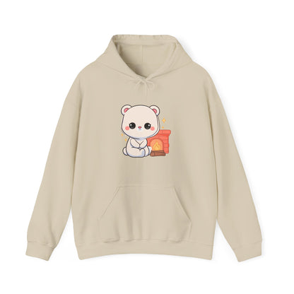 Kawaii Polar Bear Hoodie, Cozy Fireplace Cub Sweatshirt