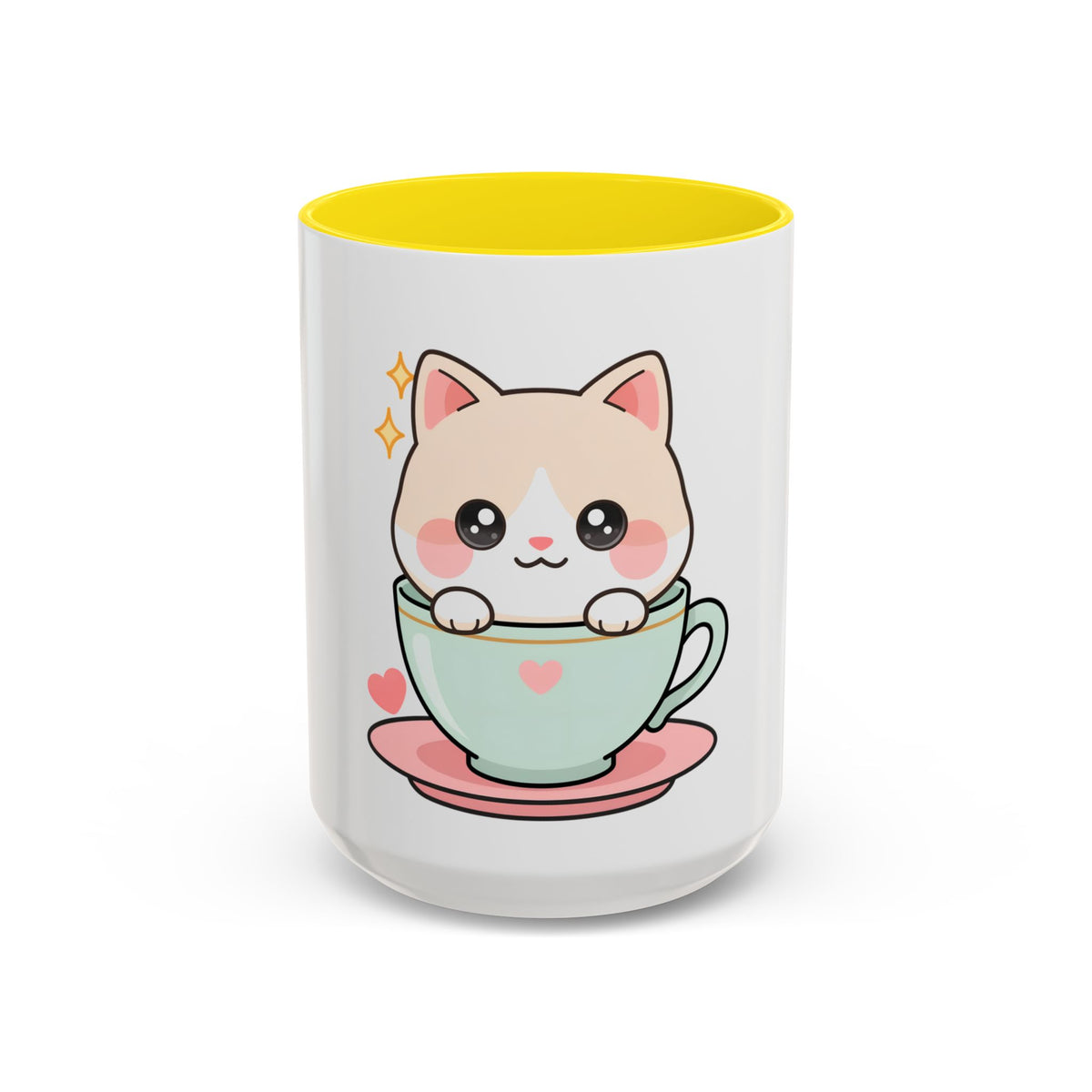 Kawaii Cat Coffee Mug, Cute Cat in Teacup Accent Mug