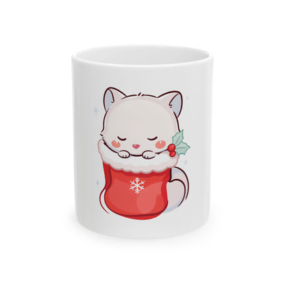 Christmas Fox Mug, Kawaii Arctic Fox in Stocking