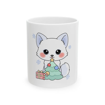 Kawaii Arctic Fox Christmas Mug, Cute Holiday Gift
