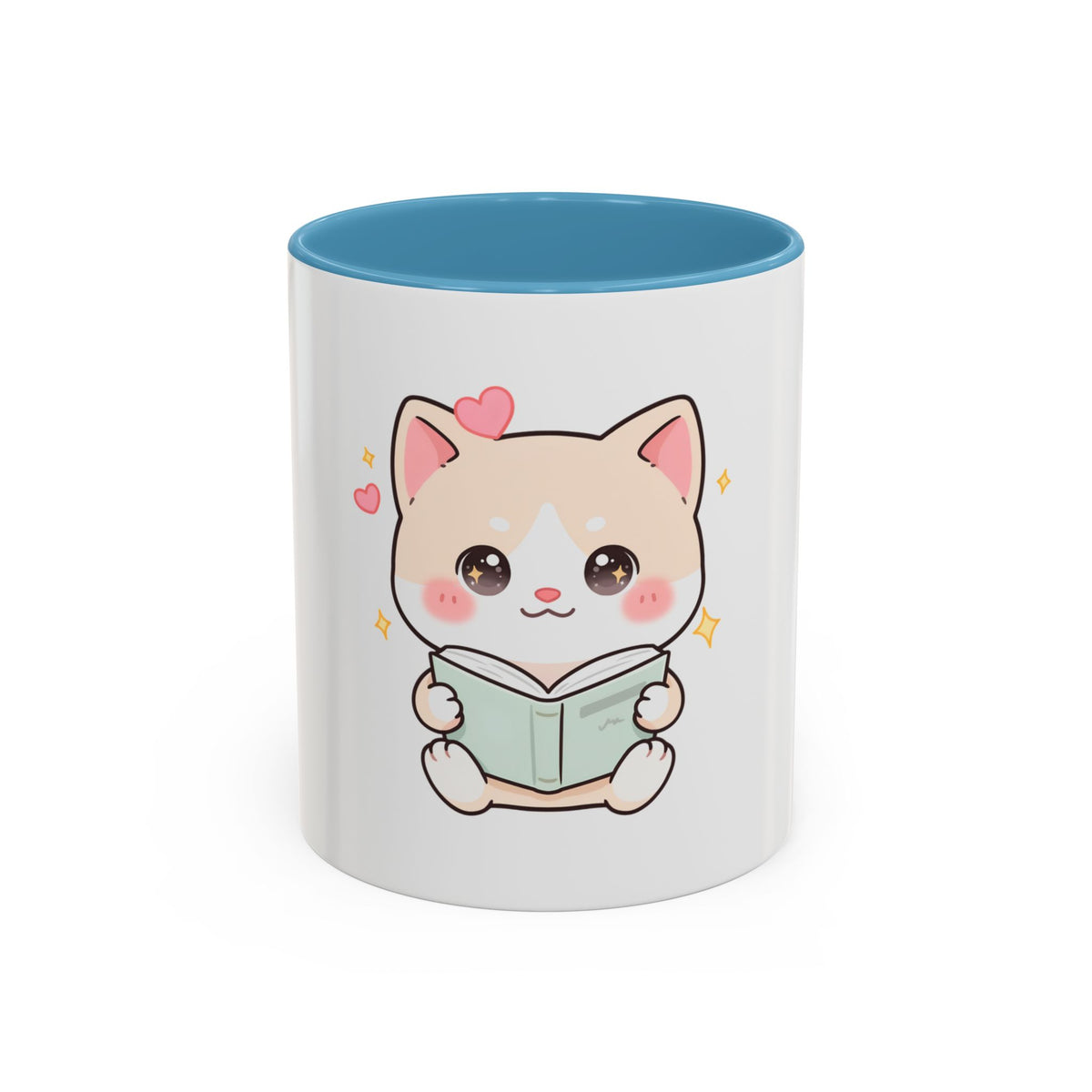 Kawaii Cat Reading Mug, Cute Book Lover Accent Coffee Mug