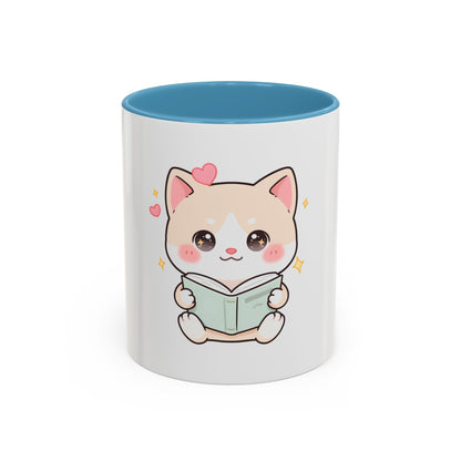 Kawaii Cat Reading Mug, Cute Book Lover Accent Coffee Mug
