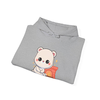 Kawaii Polar Bear Hoodie, Cozy Fireplace Cub Sweatshirt