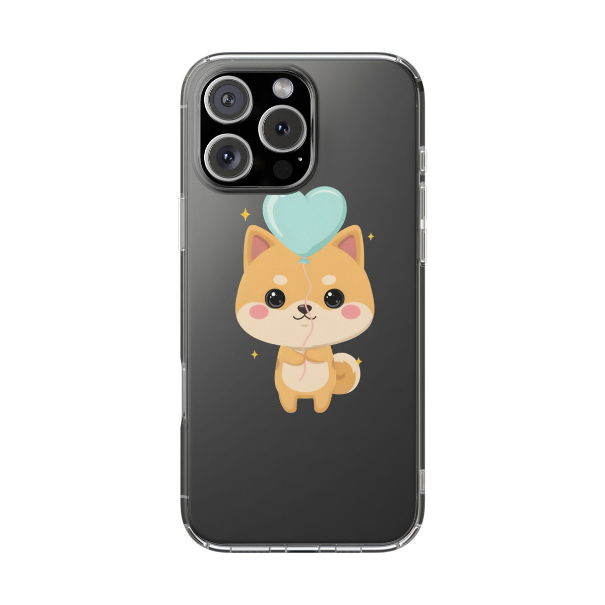 Kawaii Shiba Inu Clear Phone Case with Heart Balloon