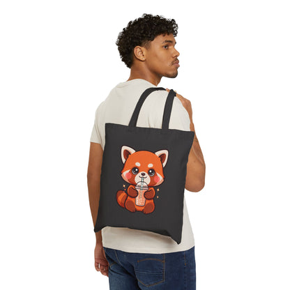 Kawaii Red Panda Bubble Tea Cotton Canvas Tote Bag