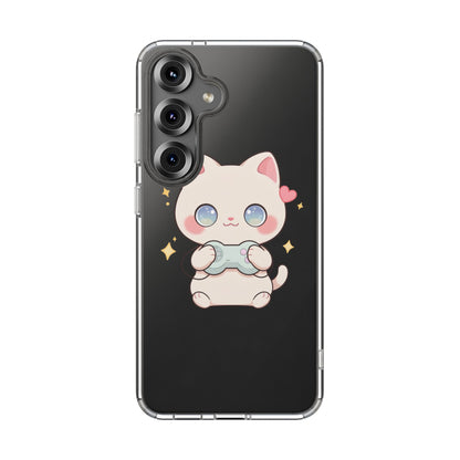 Kawaii Gamer Cat Clear Phone Case for Gaming Fans