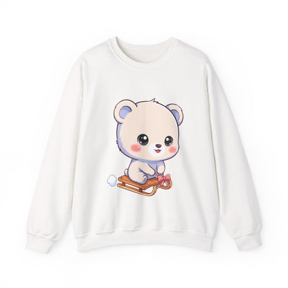 Kawaii Polar Bear Sweatshirt, Cute Sledding Cub Crewneck
