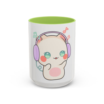 Kawaii Cat Coffee Mug, Music Lover Accent Ceramic Mug