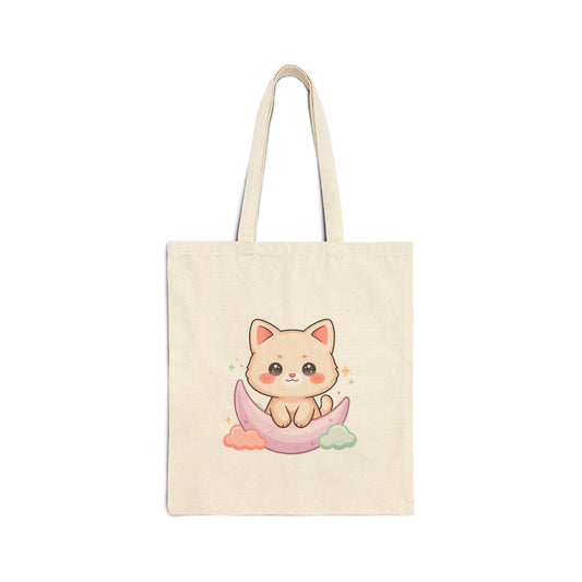 Kawaii Cat Tote Bag, Moonlight Chibi Canvas Shopper