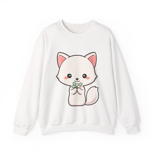 Kawaii Arctic Fox Sweatshirt, Cute Mistletoe Holiday Crewneck