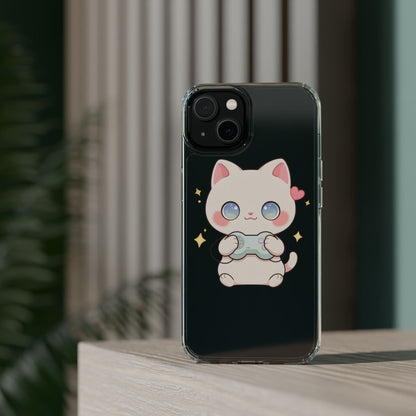 Kawaii Gamer Cat Clear Phone Case for Gaming Fans