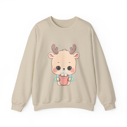 Kawaii Reindeer Sweatshirt, Cute Hot Cocoa Holiday Crewneck