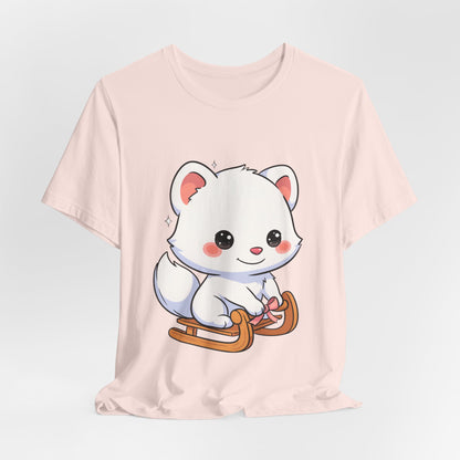 Kawaii Arctic Fox Sledding T-Shirt, Cute Unisex Tee