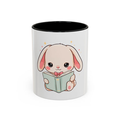 Kawaii Reading Bunny Mug, Cute Book Lover Accent Coffee Mug