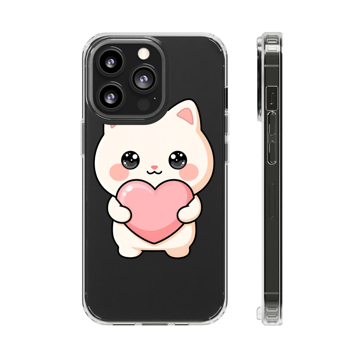 Kawaii Cat Phone Case with Heart, Clear Impact-Resistant