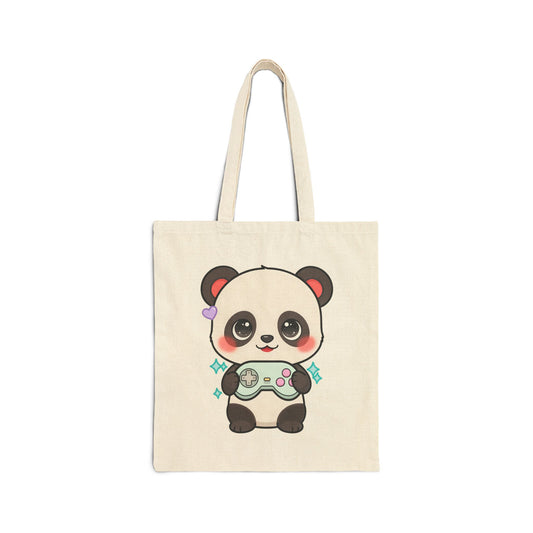 Kawaii Gamer Panda Cotton Canvas Tote Bag