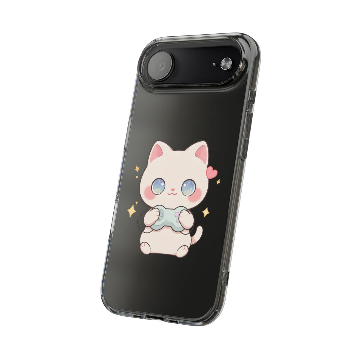 Kawaii Gamer Cat Clear Phone Case for Gaming Fans