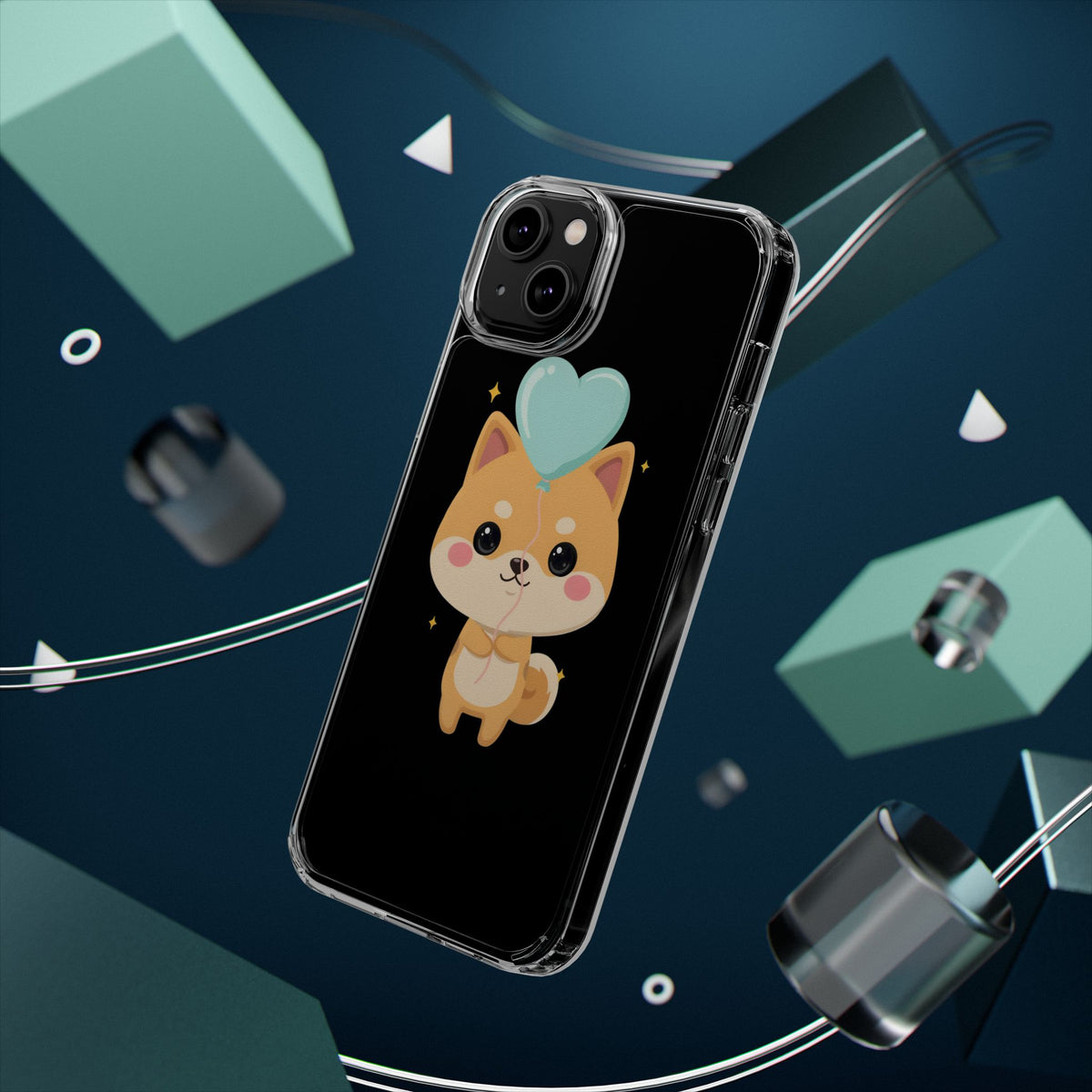 Kawaii Shiba Inu Clear Phone Case with Heart Balloon