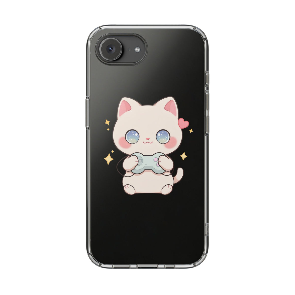 Kawaii Gamer Cat Clear Phone Case for Gaming Fans
