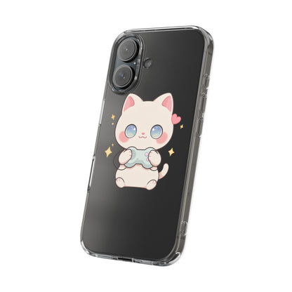 Kawaii Gamer Cat Clear Phone Case for Gaming Fans