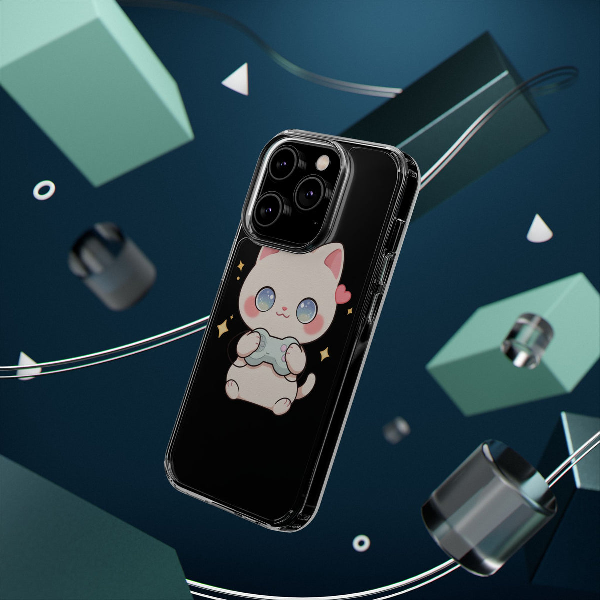 Kawaii Gamer Cat Clear Phone Case for Gaming Fans