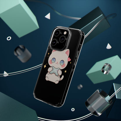 Kawaii Gamer Cat Clear Phone Case for Gaming Fans