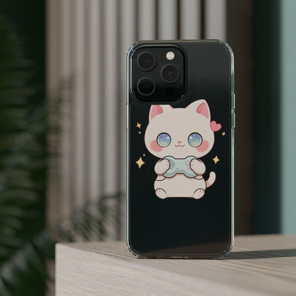 Kawaii Gamer Cat Clear Phone Case for Gaming Fans