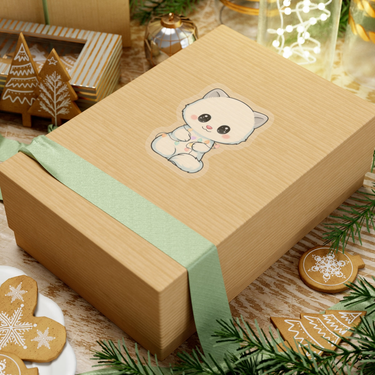 Kawaii Arctic Fox Sticker with Fairy Lights