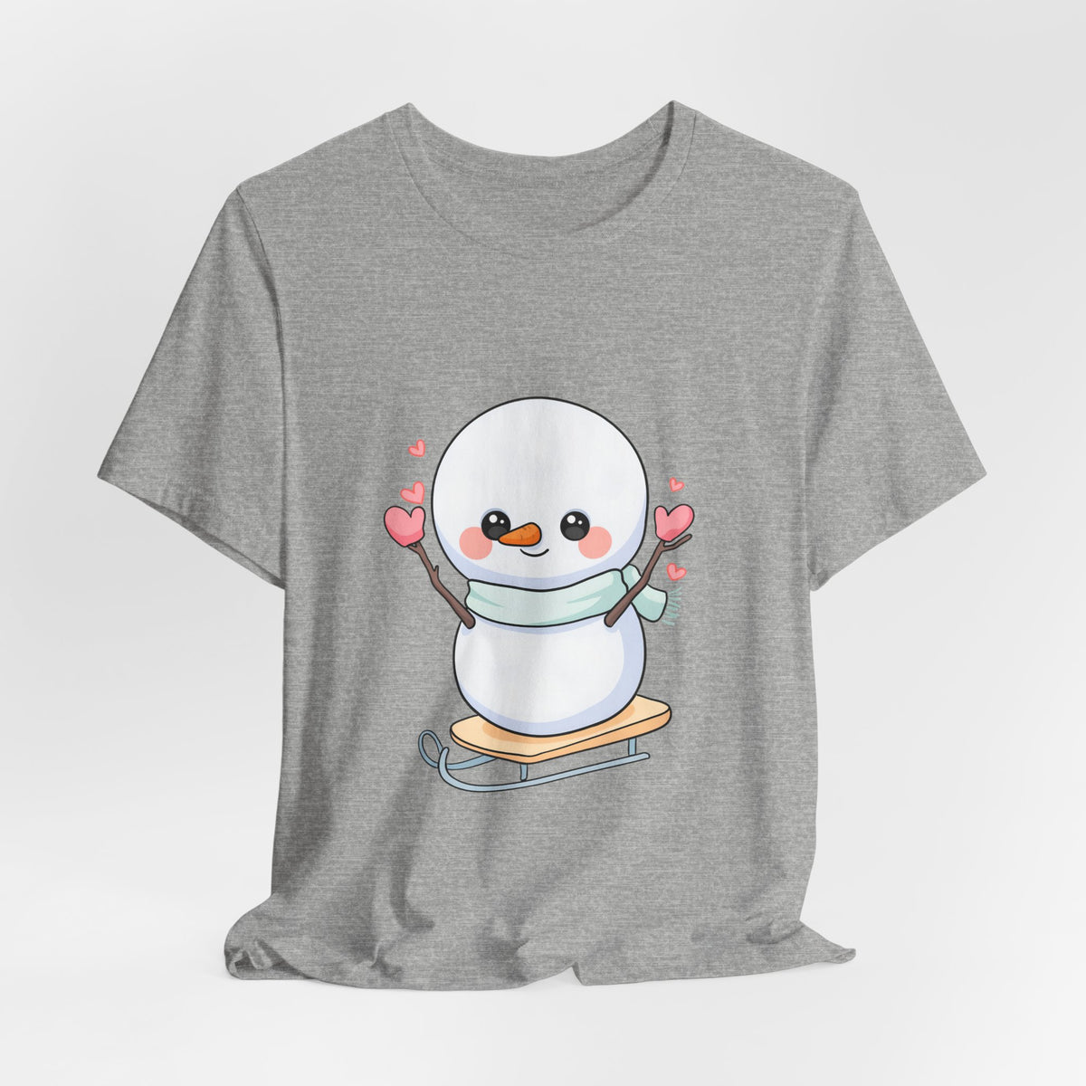 Kawaii Snowman T-Shirt, Cute Winter Sledding Tee