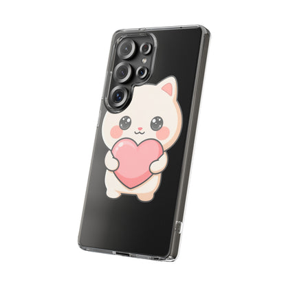 Kawaii Cat Phone Case with Heart, Clear Impact-Resistant