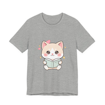 Kawaii Reading Cat T-Shirt for Book Lovers
