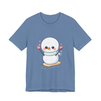 Kawaii Snowman T-Shirt, Cute Winter Sledding Tee