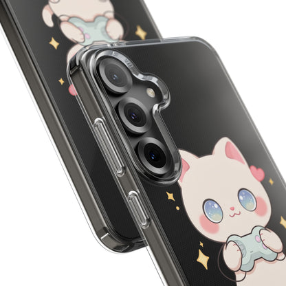 Kawaii Gamer Cat Clear Phone Case for Gaming Fans