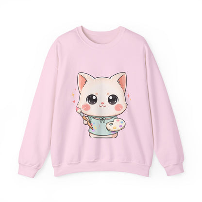Kawaii Artist Cat Sweatshirt, Cute Creative Cat Lover Gift