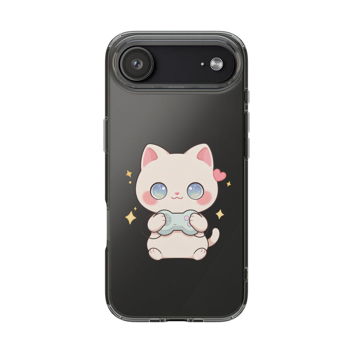 Kawaii Gamer Cat Clear Phone Case for Gaming Fans