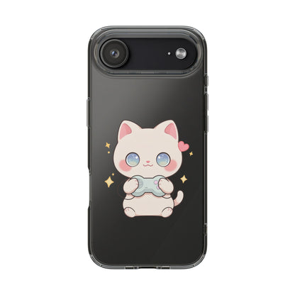 Kawaii Gamer Cat Clear Phone Case for Gaming Fans