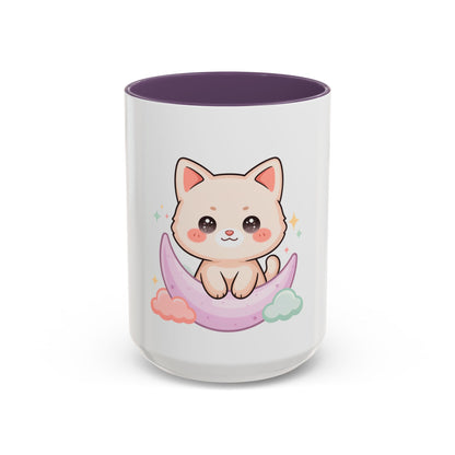 Kawaii Cat Moon Accent Coffee Mug, Cute Cat Lover Gift