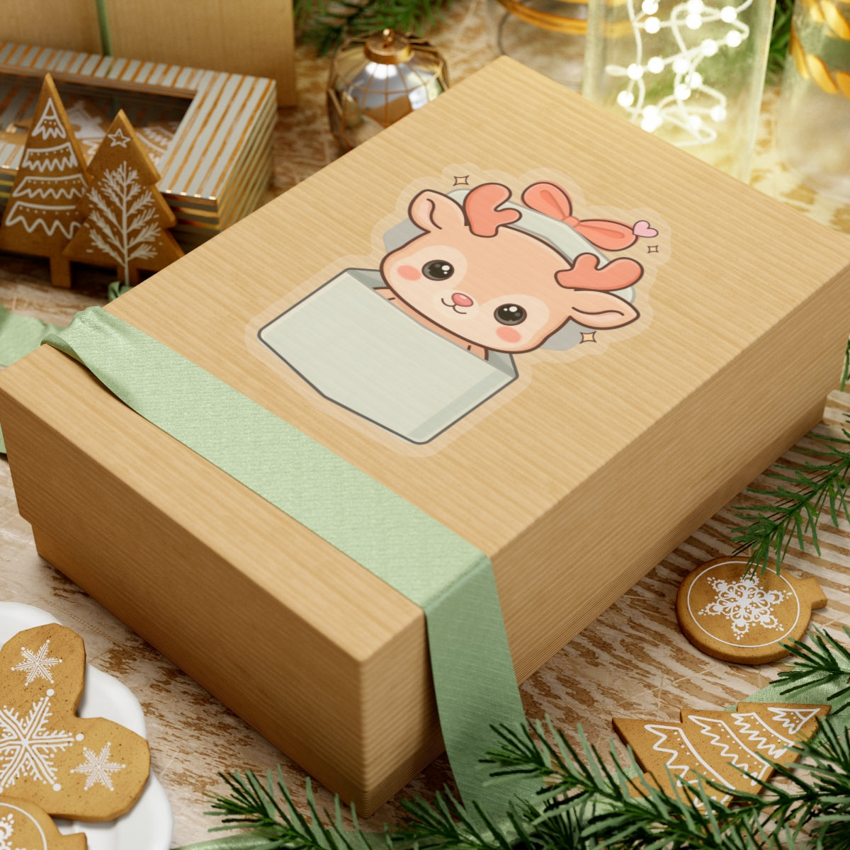 Kawaii Reindeer Sticker, Cute Christmas Gift Box Decal