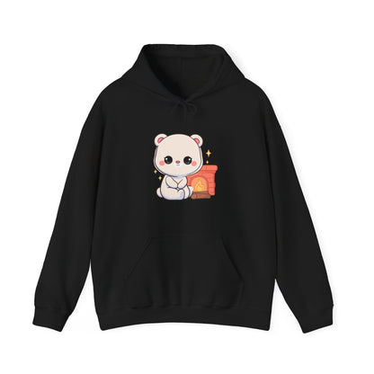 Kawaii Polar Bear Hoodie, Cozy Fireplace Cub Sweatshirt