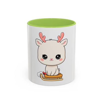 Christmas Reindeer Accent Coffee Mug, Cute Kawaii Sledding Gift