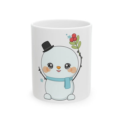 Kawaii Snowman Christmas Mug with Mistletoe