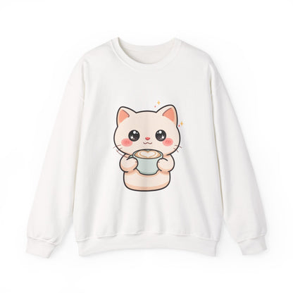 Kawaii Latte Cat Sweatshirt, Cute Chibi Coffee Cat Crewneck