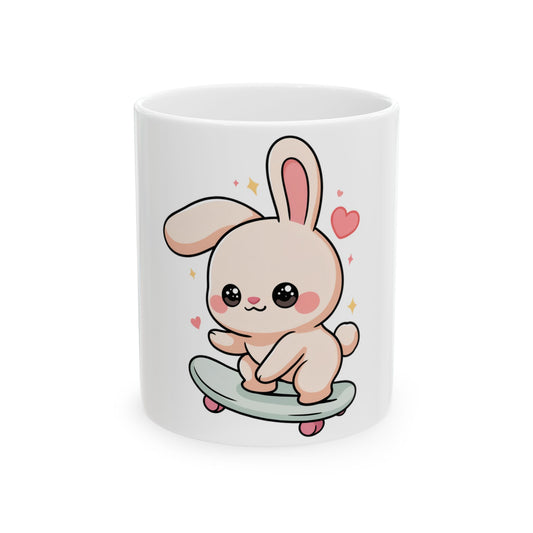 Skateboarding Bunny Mug, Cute Kawaii Gift for Bunny Lovers