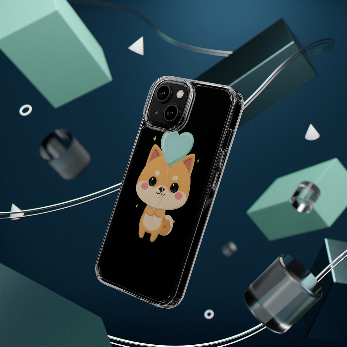 Kawaii Shiba Inu Clear Phone Case with Heart Balloon