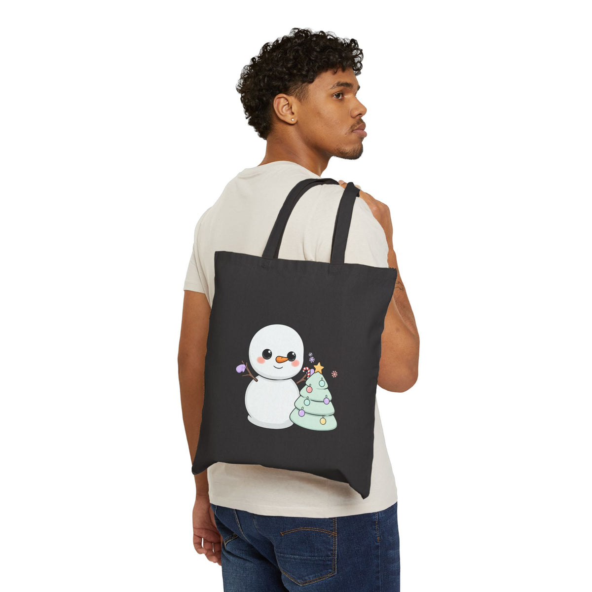 Kawaii Snowman Christmas Tote Bag, Cute Holiday Cotton Canvas