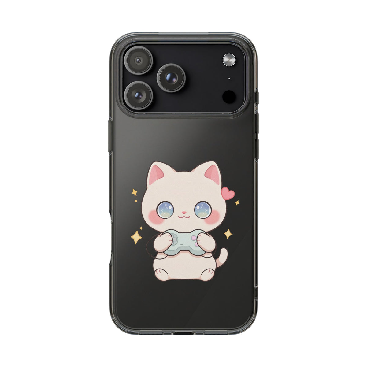 Kawaii Gamer Cat Clear Phone Case for Gaming Fans