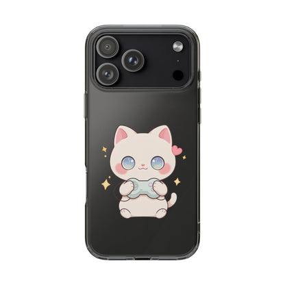 Kawaii Gamer Cat Clear Phone Case for Gaming Fans