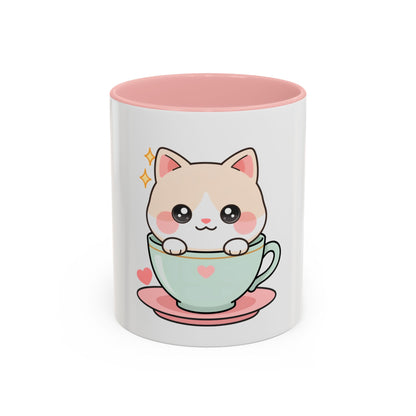 Kawaii Cat Coffee Mug, Cute Cat in Teacup Accent Mug