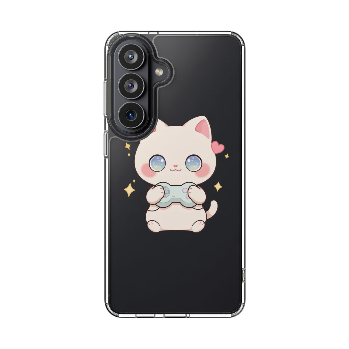 Kawaii Gamer Cat Clear Phone Case for Gaming Fans