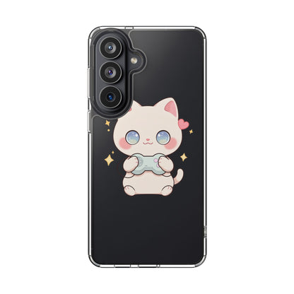 Kawaii Gamer Cat Clear Phone Case for Gaming Fans